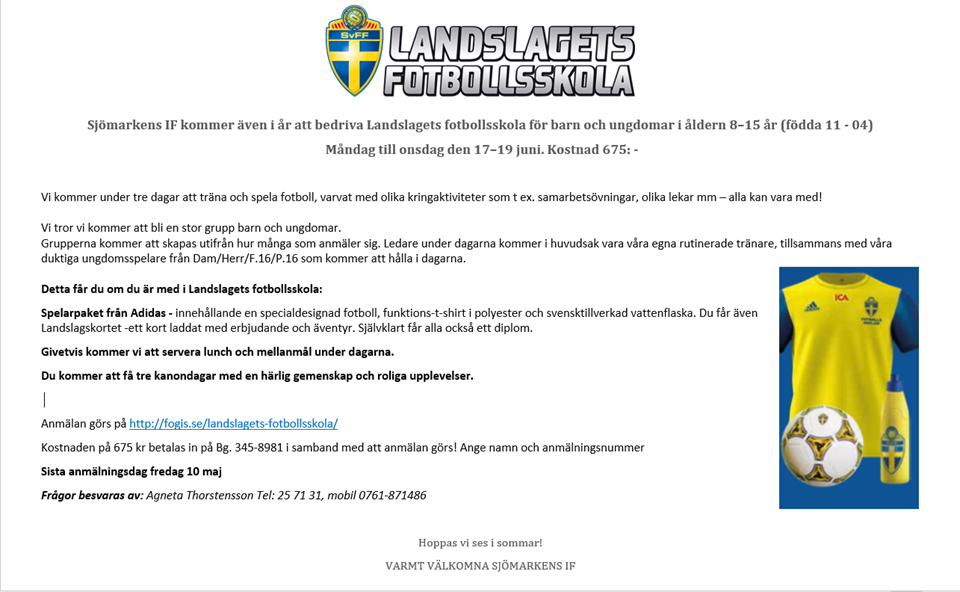 Inbjudan till Landslagets fotbollsskola Sjömarkens IF