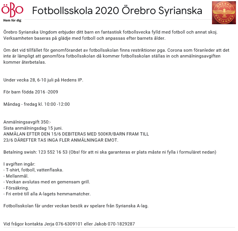 Fotbollsskola 2020 Örebro Syrianska Örebro Syrianska IF Ungdom