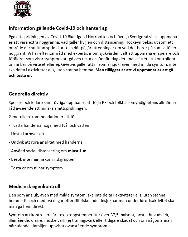 Covid-19 information, viktigt!  IF Boden Hockey J20 elit