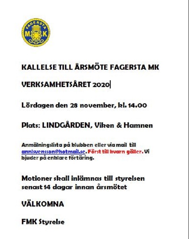 Inbjudan �rsm�te den 28/11! Fagersta MK